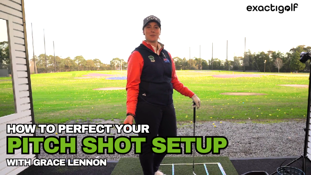 Load video: Learn how to set up for a perfect pitch shot with PGA professional Grace Lennon using the Exactigolf precision training aid.